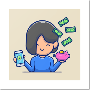 Cute Girl Holding Phone And Piggy Bank With Money Posters and Art